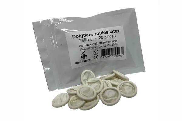 doigtiers roulés latex pochette de 20 pour les professionnels de santé ou pharmacie